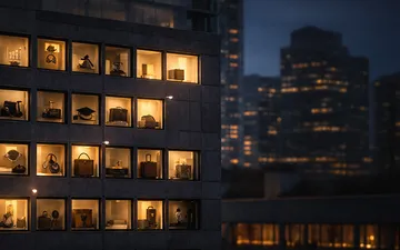 Blue hour building with scattered lit windows