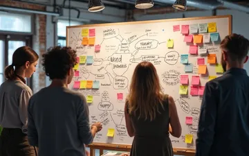Team collaborates brainstorming loft vibrant whiteboard unusual planning