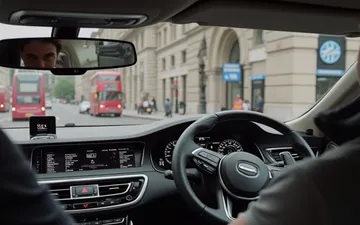 Urban drive luxury car london double decker bustling vista curious